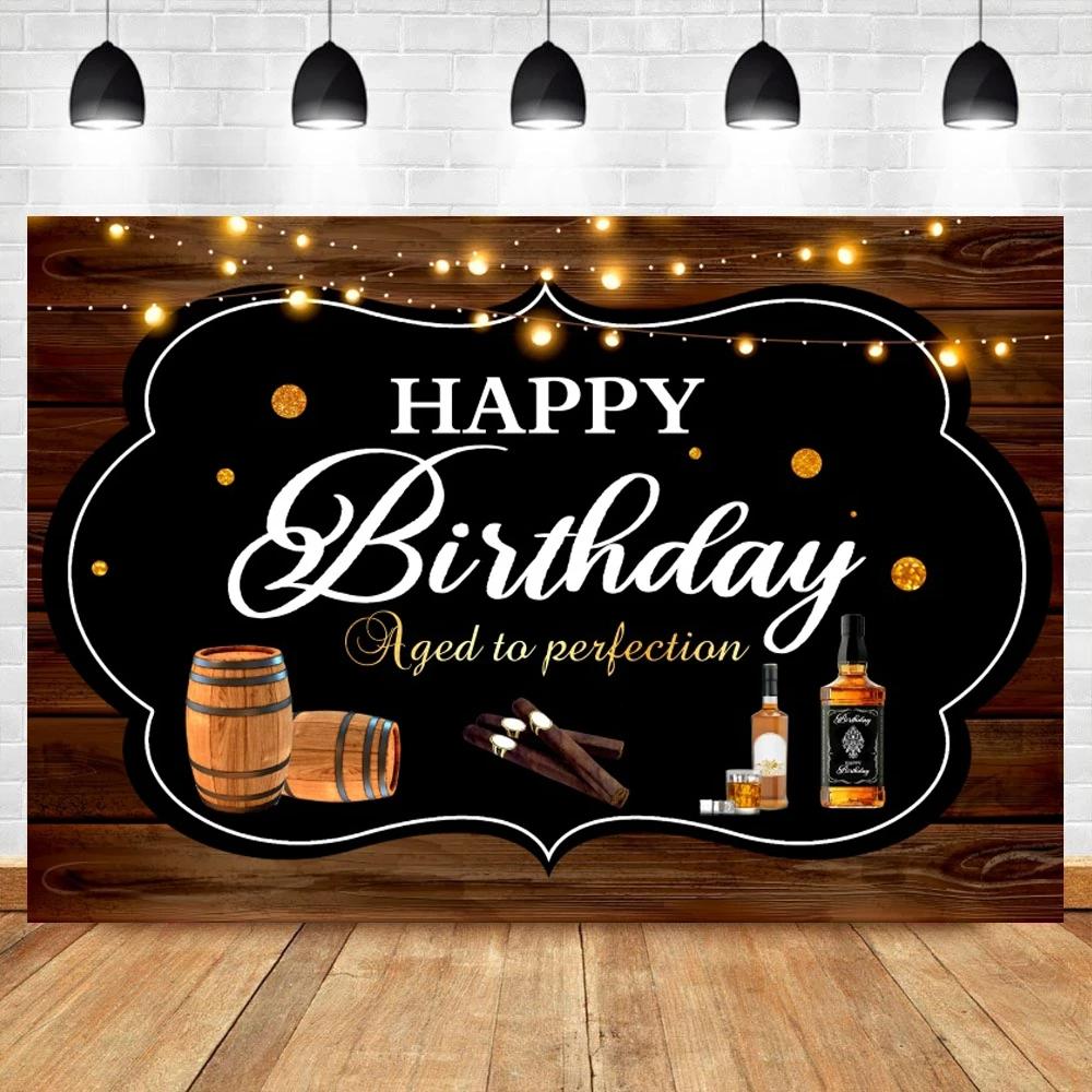 Whisky Vin Joyeux Anniversaire Fond de Photographie Ballons Dorés et Noirs Restaurant Bar Artistique Décor de Salle à Manger Toile de Fond Photo