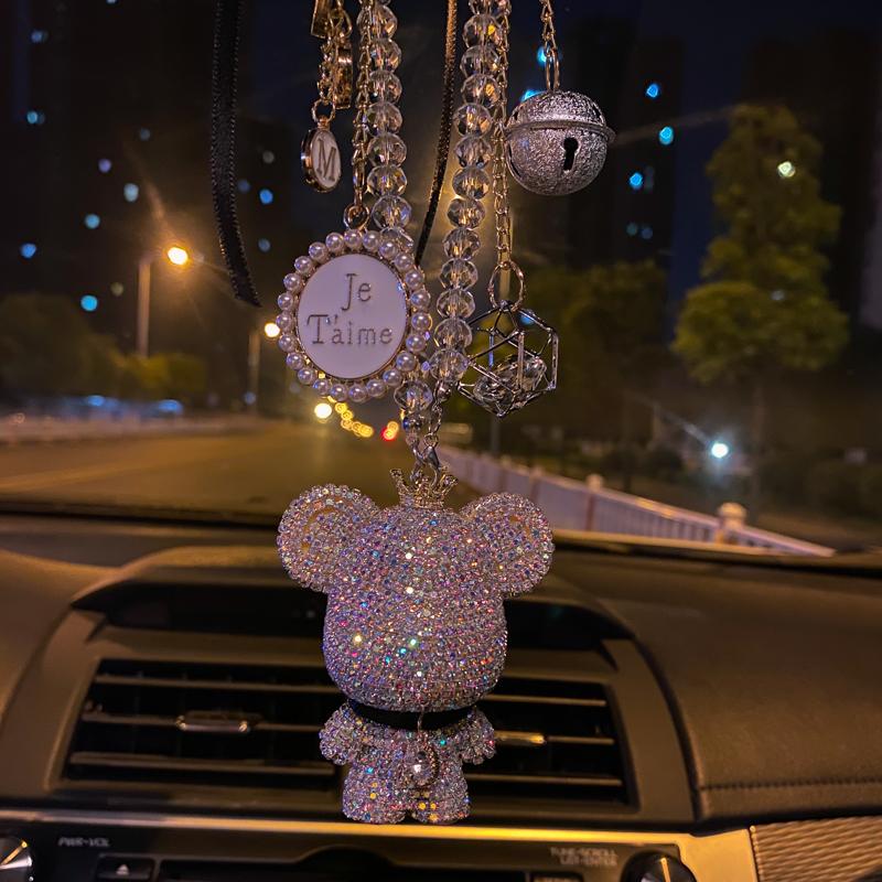 Fashion Crystal Cartoon Gloomy Bear Car Hanging Ornaments Rhinestone Tassels Crystal Pendant Rear View Mirror Car Decoration