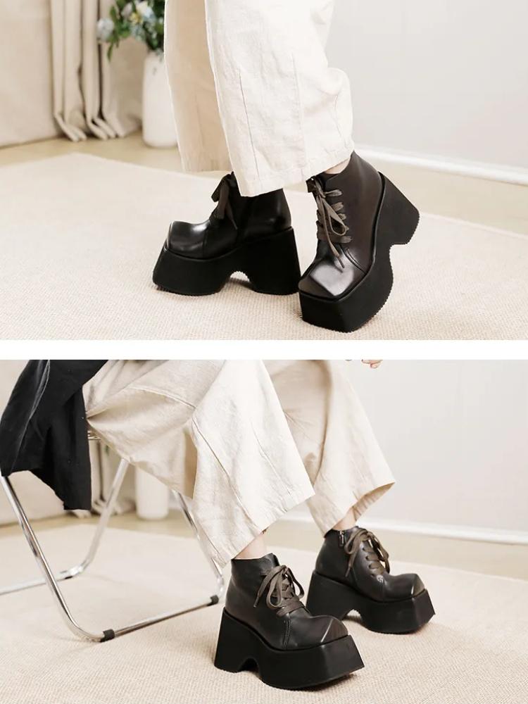 Johnature Retro 10CM Thick Sole Shoes Women's Square Toe Genuine Leather Lace Up Platform Short Boots