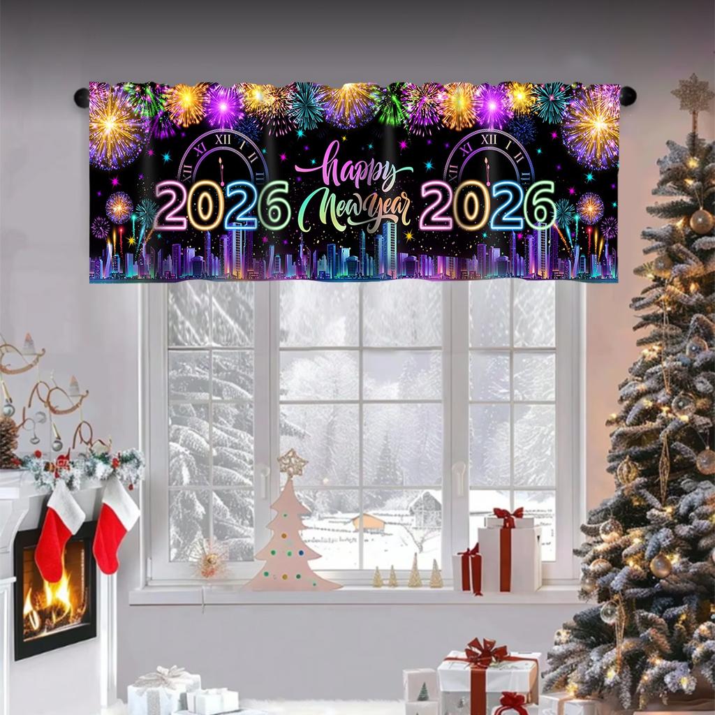 2026 Happy New Year Short Curtains Valances Fireworks&Balloons Windows Treatments New Year Decorations for Home Kitchen Bathroom