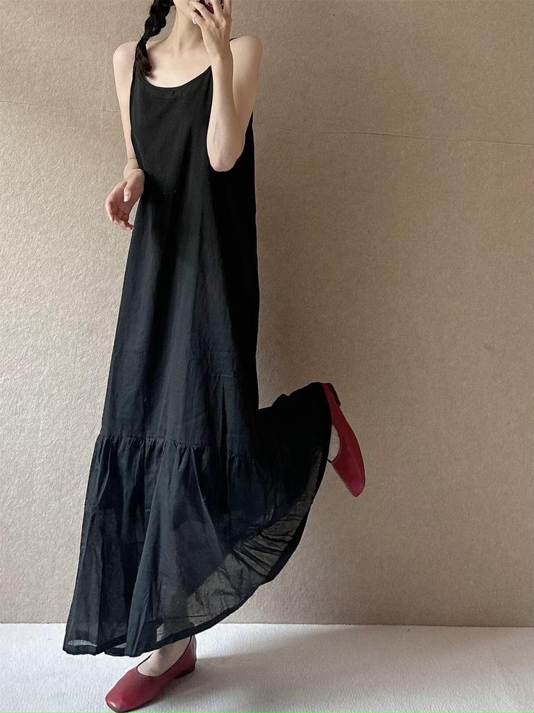 2025 Summer Retro A-Line Maxi Dress: Sleeveless Spaghetti Strap, Loose Pullover, Mid-Length Design