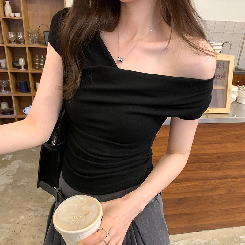 Women Spring Summer Solid Color One Shoulder Short Sleeved Shirt Slim O-Neck Blouses Pullover Tight Short Top S-XXL