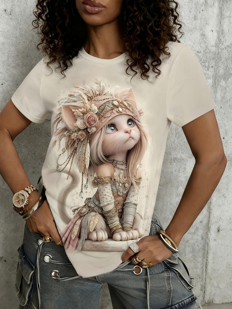 Women's Summer Fashion Short Sleeved Top Sweetwear Cute Cat Pattern Print Daily Date Attire T-Shirts Women Tees Clothing Female