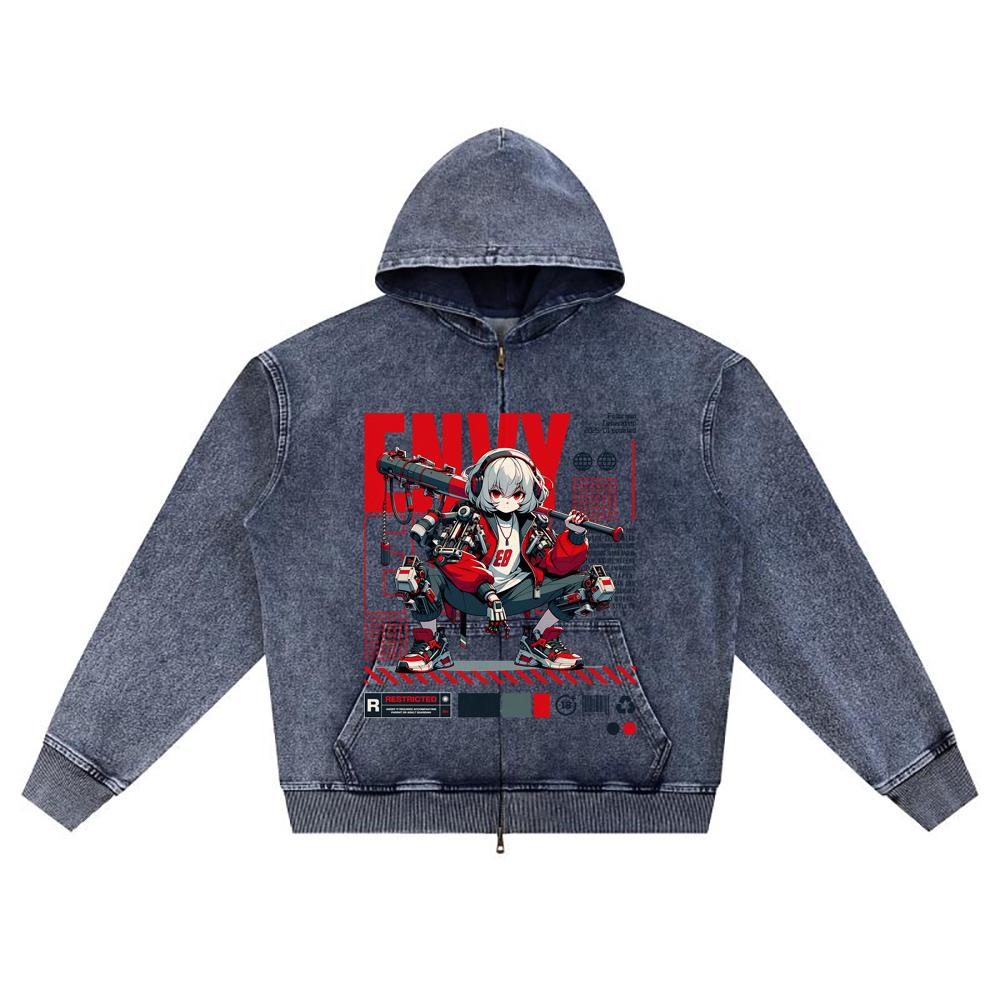 DTG print Knitted Denim Zip-Up Hoodie Envy Anime Brother Print Zipper Hoodies XL 6296₽