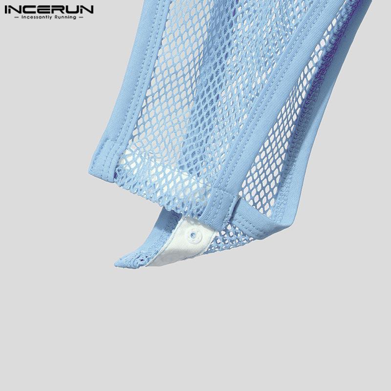 INCERUN Men Sleeveless Letter Print Mesh Bodysuits See Through Fitted Briefs Jumpsuits