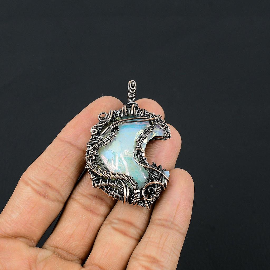 Aura Shell Crescent Moon Shape Pendant, Handmade Gemstone 999 Copper Wire Wrapped Pendant Antique Jewelry, For Gift Silver Jewelry
