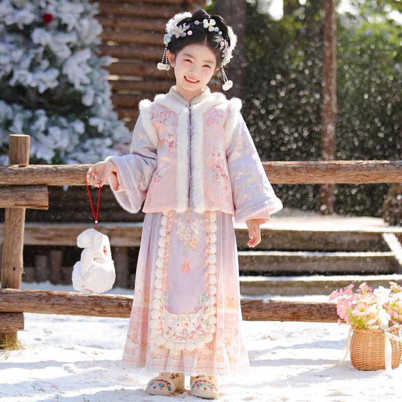 Annie Youer Girls' Winter Hanfu Tang Suit Dress Set