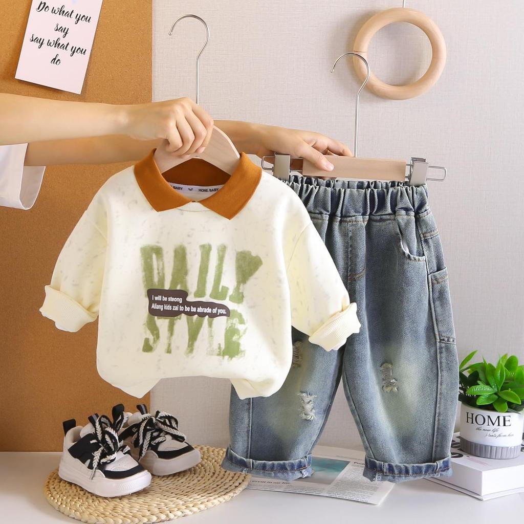 Boys' Long Sleeved Two-piece Set - Collar Letter Printed Hoodie+casual Denim Pants - High-quality Clothing -6 Months -5 Years Old