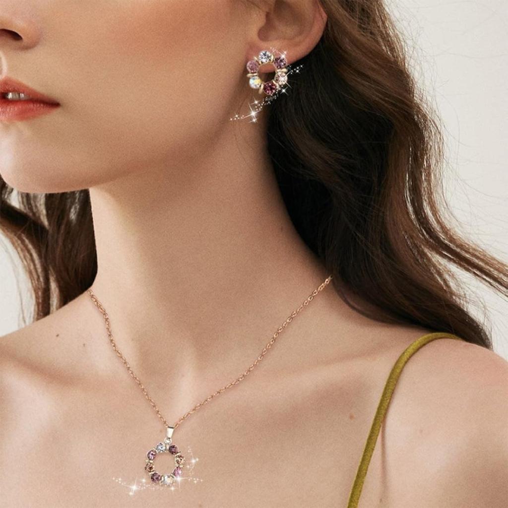 3-teiliges Gold Halskette Ohrringe Set Damen Promi Schlicht Mode Stil Exquisite Buntglas Diamant Kreisform Schmuck