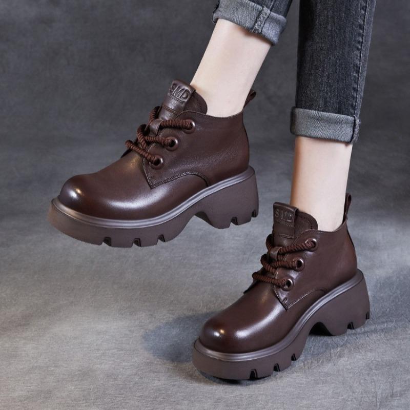 Genuine Leather High-top Platform Ankle Boots with Thick Soles Stylish Lace-up Design British Retro Style