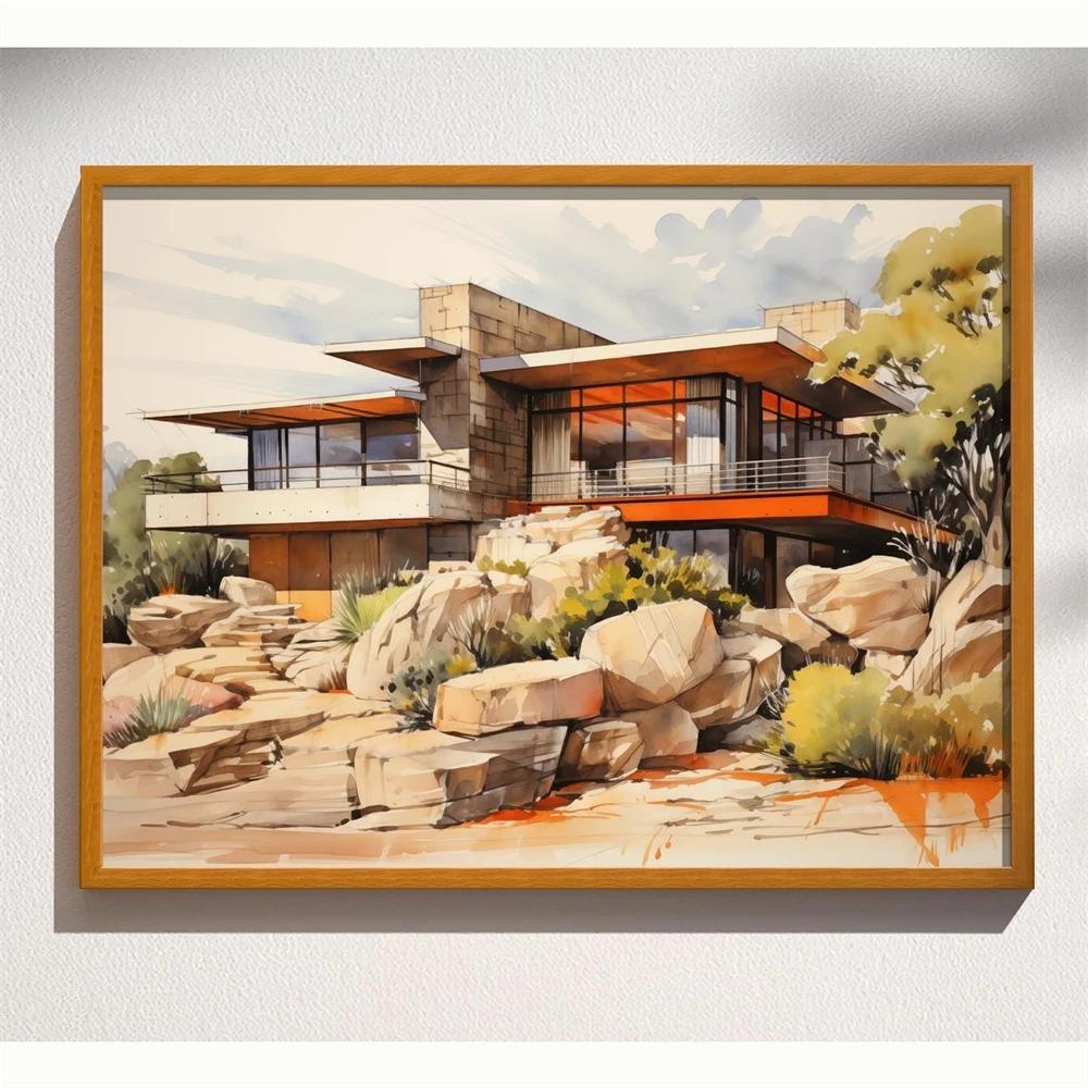 Mid Century Palm Springs House Prints Modern Cubist Abstract Architecture Art Print Poster Retro Wall Art Canvas Painting Decor