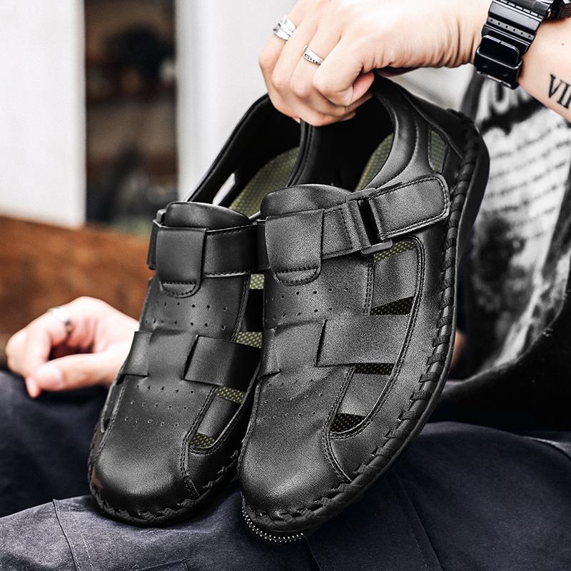 Large Size Sandals Hot Sale Of The Season Summer New Casual Open Toe Genuine Leather Slip-On Men's Beach Shoes Comfortable Rubbe