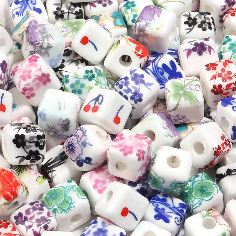 20pcs 8mm Flower Patterns Square Ceramic Beads Big Hole Porcelain Loose Beads For Jewelry Making DIY Bracelets Necklace Findings