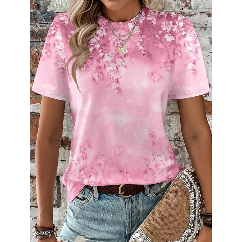 Summer Round Neck 3D Flower Print Top Fashionable Casual Short Sleeved Women's T-shirts