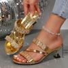Fashion 2025 New Women's Sandals and Slippers Summer with Medium Heel Thick Heel Women's Slippers with Open Toe High Heel Rhinestones
