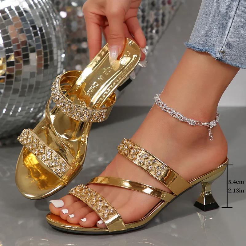 Fashion 2025 New Women's Sandals and Slippers Summer with Medium Heel Thick Heel Women's Slippers with Open Toe High Heel Rhinestones
