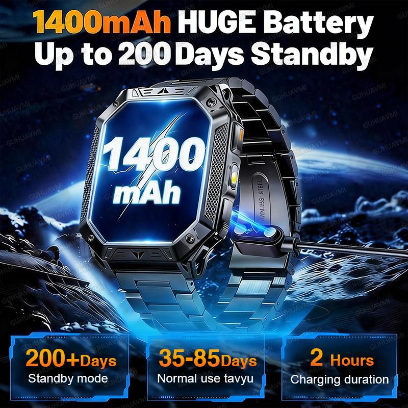 2026 New Men upgraded 1400mAh Battery GPS Heart Rate Flashlight BT Call 10ATM Waterproof 100+Sport Modes AMOLED HD Capacity Smart Watch