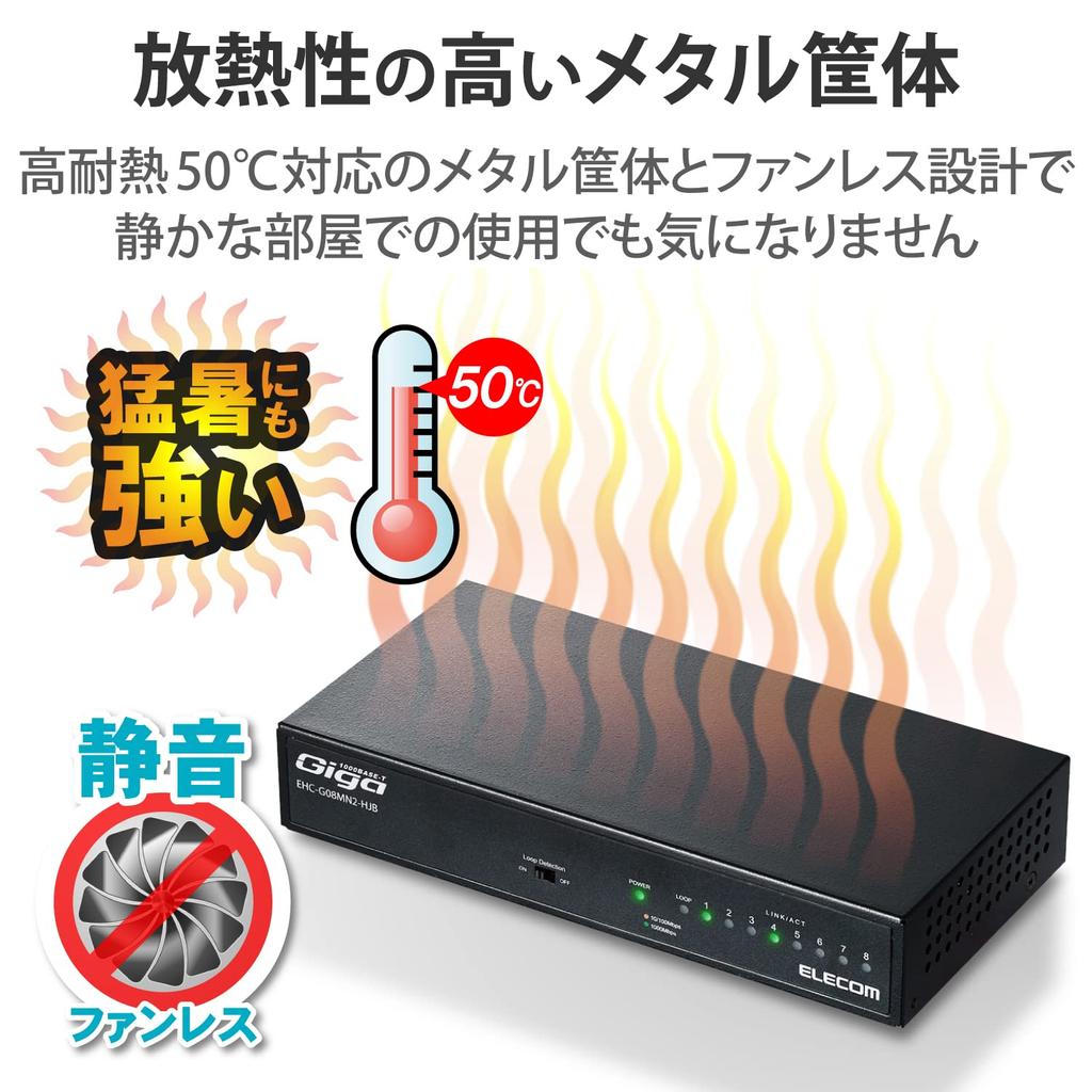 Elecom Gigabit 8-Port Switching Hub with Metal Housing, Magnet, Built-in Power Supply, Black, EHC-G08MN2-HJB