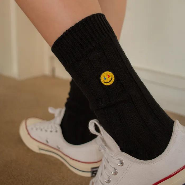 Knit Socks with Smile Embroidery - Black