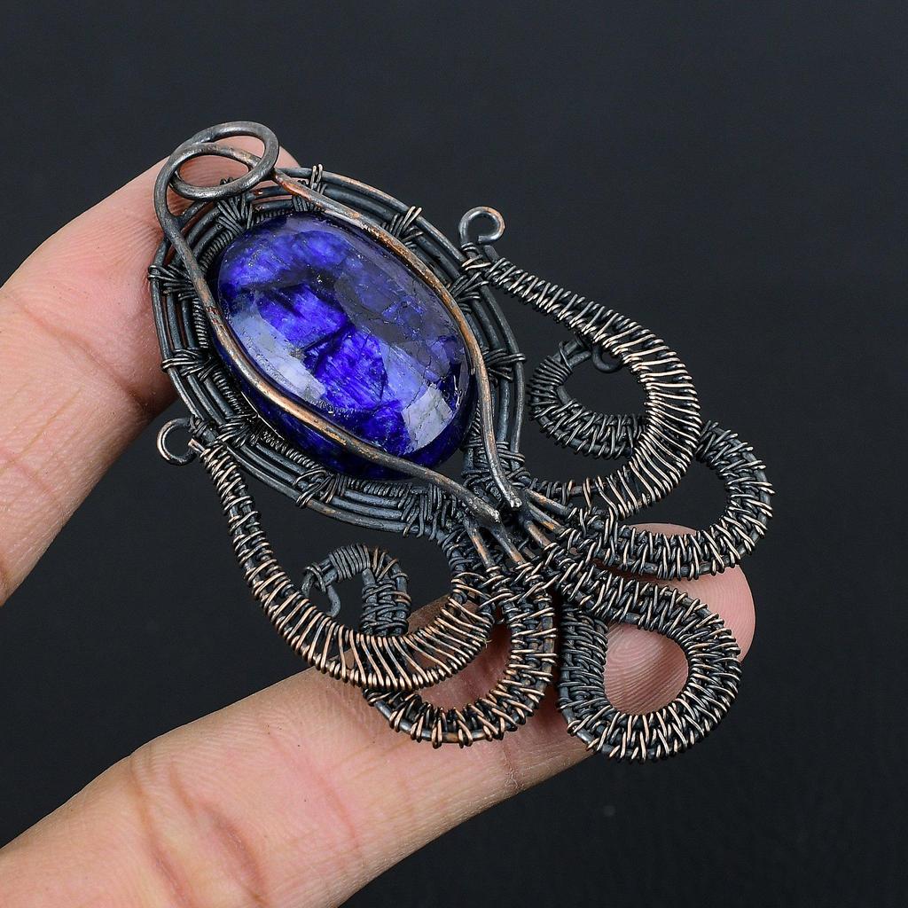Blue Sapphire Pendant, Handmade Gemstone Pendant, 999 Copper Wire Wrapped Pendant Antique Jewelry, For Engagement Gift