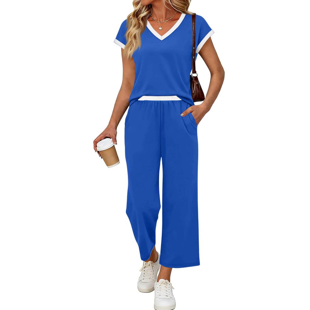 Women Two Piece Set Casual Outfits V Neck Short Sleeve Top Elastic Waist Pants Lounge Wear Set for Travel Relaxed Fit