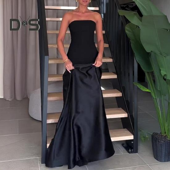 Women's Strapless Tube Top Maxi Dress Off Shoulder Patchwork Evening Dress Satin Bodycon Long Dress for Cocktail Party Wedding