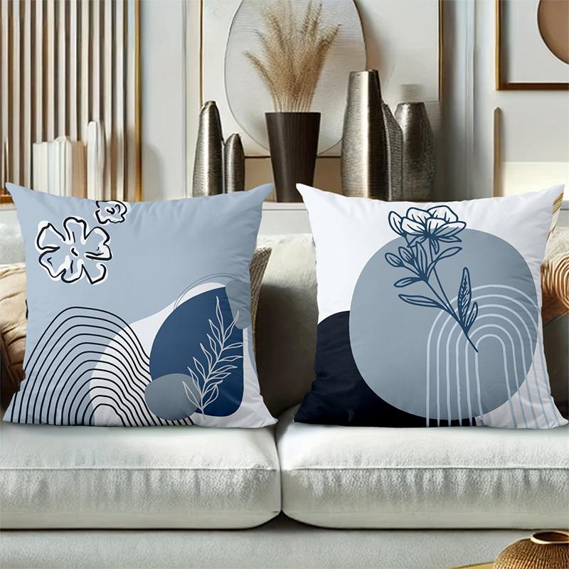 Blue and White Floral Patterned Cushion Covers Set Polyester Pillowcase, Sofa Decorative Cushion Cov Headboard Pillow