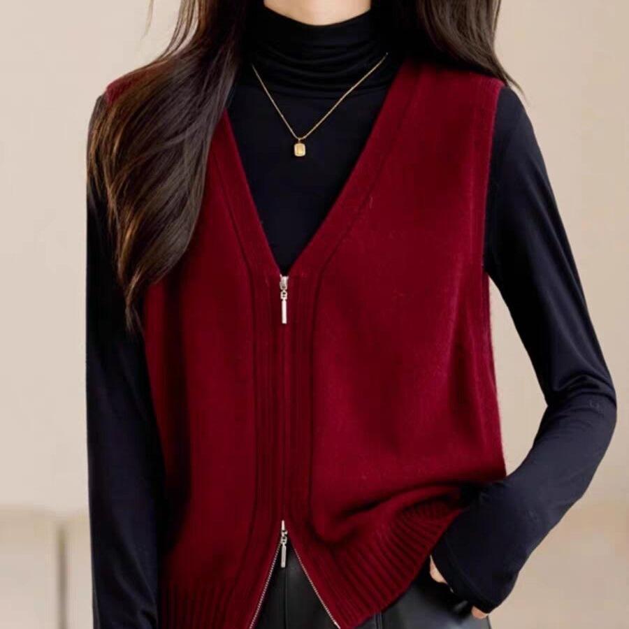Damen Strickwaren Herbst Damen Doppelreißverschluss V-Ausschnitt Schick Einfach Ärmellose Strickweste Oberbekleidung Warm Grau Gestrickter Mantel Cardigan