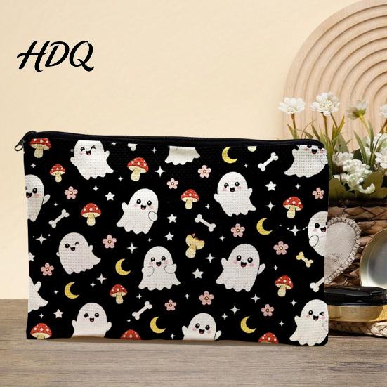 Anti Pilling Cosmetic Bag Bag Halloween Pattern Print Makeup Canvas Cute Daily Storage Zipper Pouch for Change Data Cable Washable Pencil Case