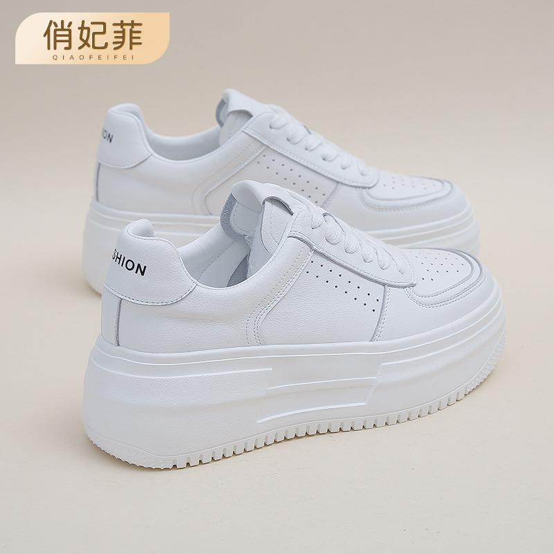 Leather platform white shoes women's spring new inner height increase breathable versatile casual women's shoes laceup board shoes women