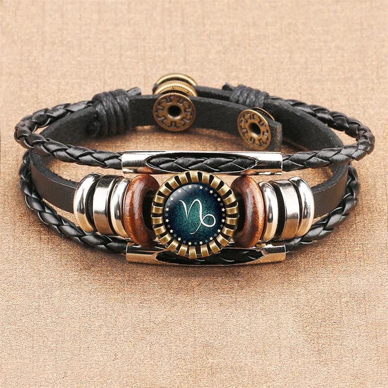 

{Summer2} {Summer2} 12 Constellation Zodiac Sign Black Braided Leather Bracelet Cancer Leo Virgo Libra Woven Glass Dome Jewelry