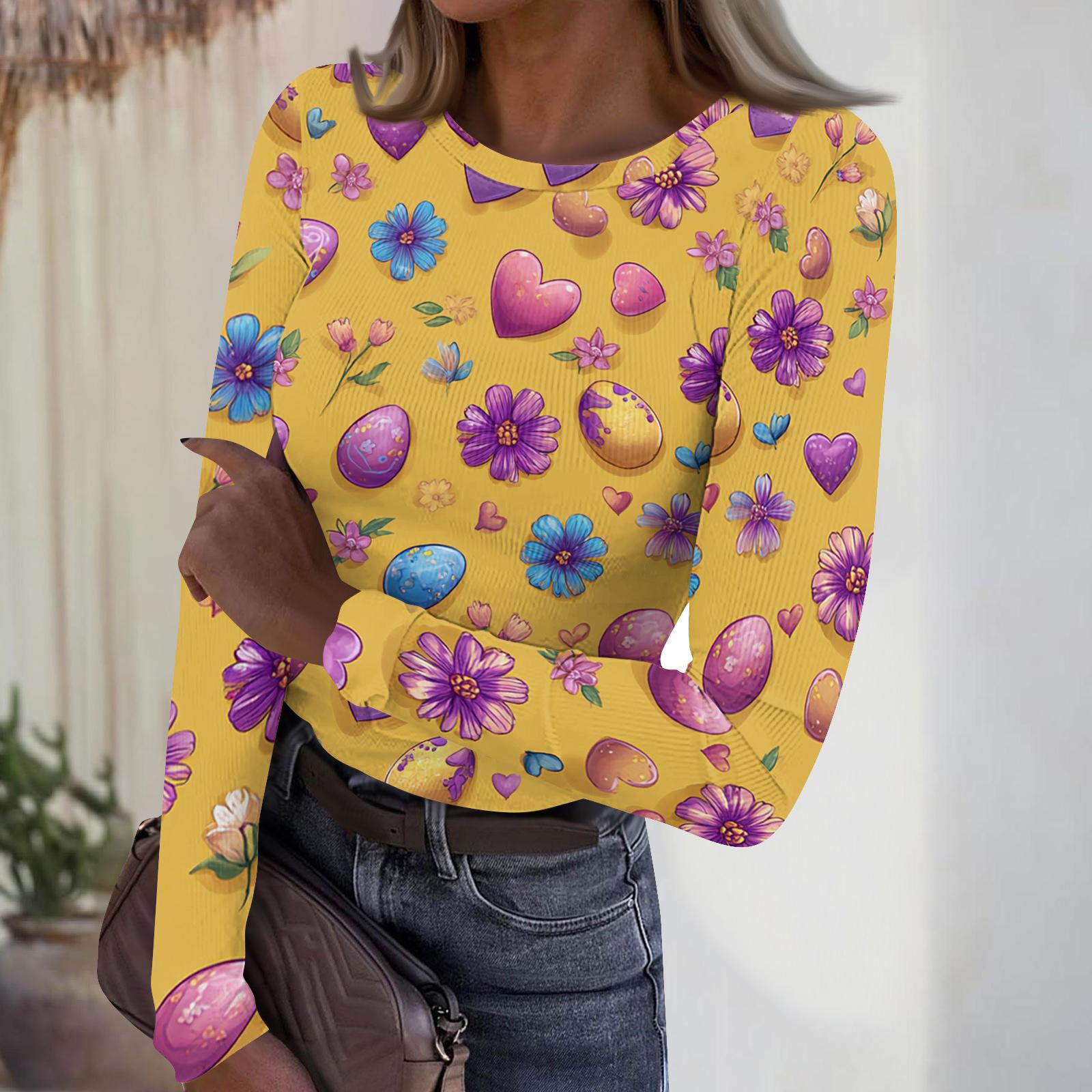 

Women s Casual Fashion Round Neck Easter Print Long Sleeve Ribbed Top XL жовтий