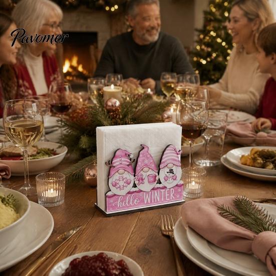 Kitchen Bar Counter Decoration Wooden Christmas Napkin Holder, Gnome/Christmas Tree/Snowman Shape, Pink Solid Wood Dispenser Stable Organizer