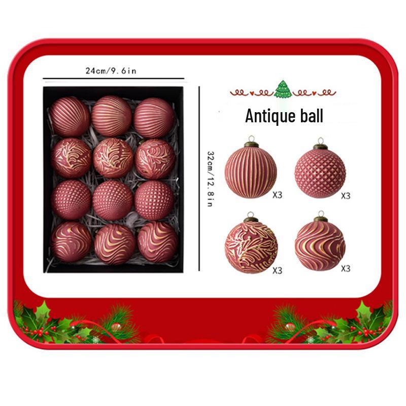 Retro Christmas Ornament Set - 12 Pieces, 8cm Holiday Decoration Balls for Tree