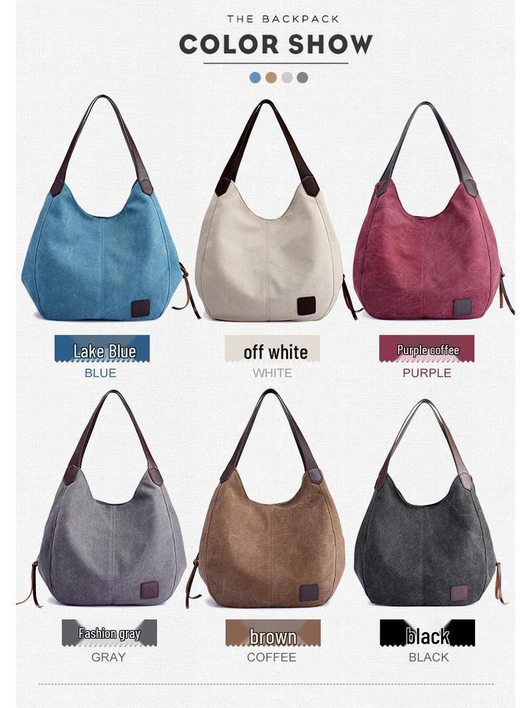 Large Capacity Canvas Tote Bag with Three-Layer Pockets - Ladies' Casual Shoulder Handbag
