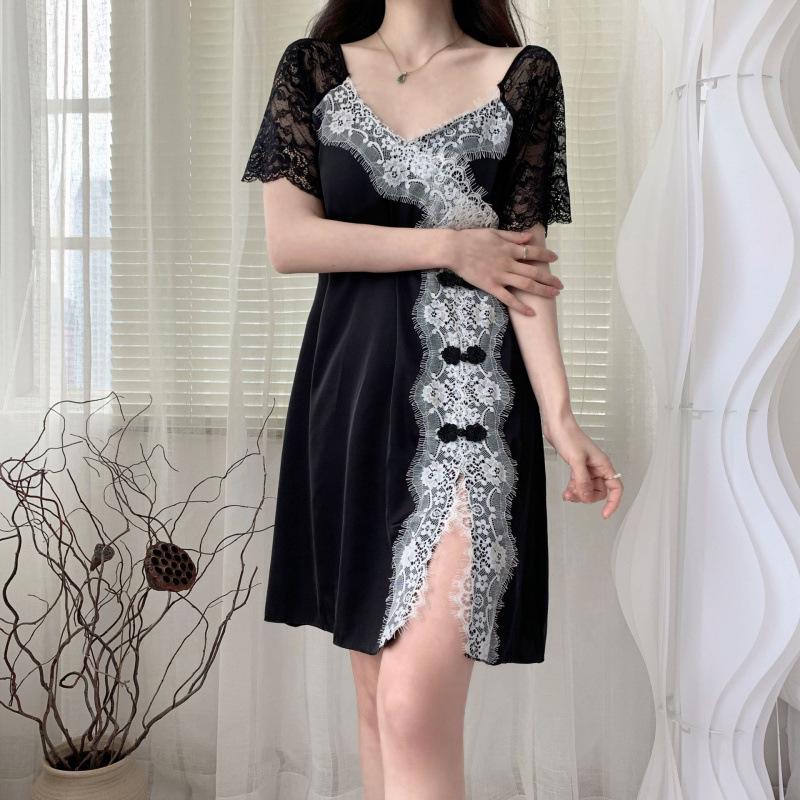 

Сатиновая ночная сорочка в китайском стиле 2025: Женский летний кружевной домашний костюм ципао M