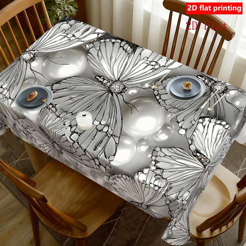2D Flat 1pc Luxury Silver-Gray Butterfly Tablecloth, Durable Polyester Tablecloth, Gray-Golden Butterfly Pattern, Minimalist Rectangular Design, Moder