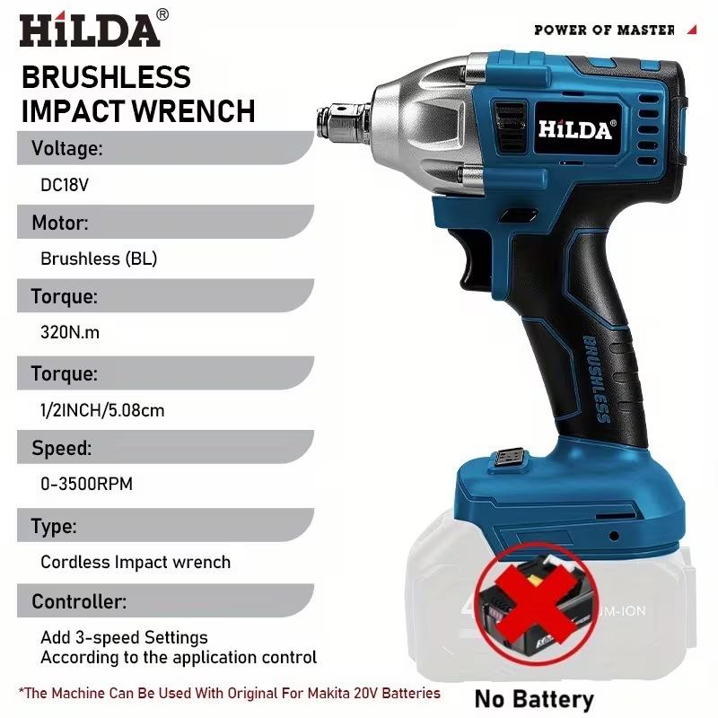 HILDA 18V Brushless Impact Wrench with LED Light - High Torque Multifunctional Auto Repair Tool.