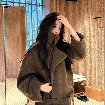 Retro Tie-Waist Wool Coat with Stand-Up Collar for Autumn/Winter 2025