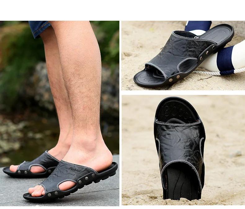 Fashion Big Size Men Slippers Summer Fashion Genuine Leather Casual Slides Street Fashion Beach Shoes Black Cow Leather Sandals