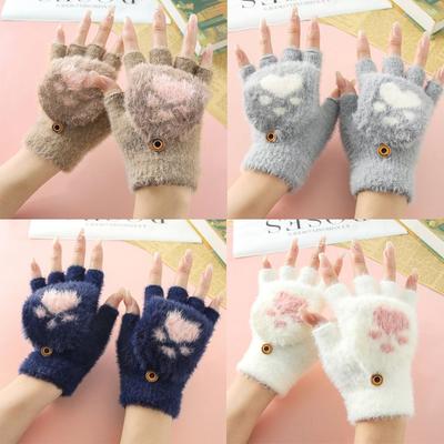 Warm Soft Plus Knitted Finger Gloves Flip Cover Thicken Half Finger Gloves Paw Claw Winter Mittens Children's Handwriting