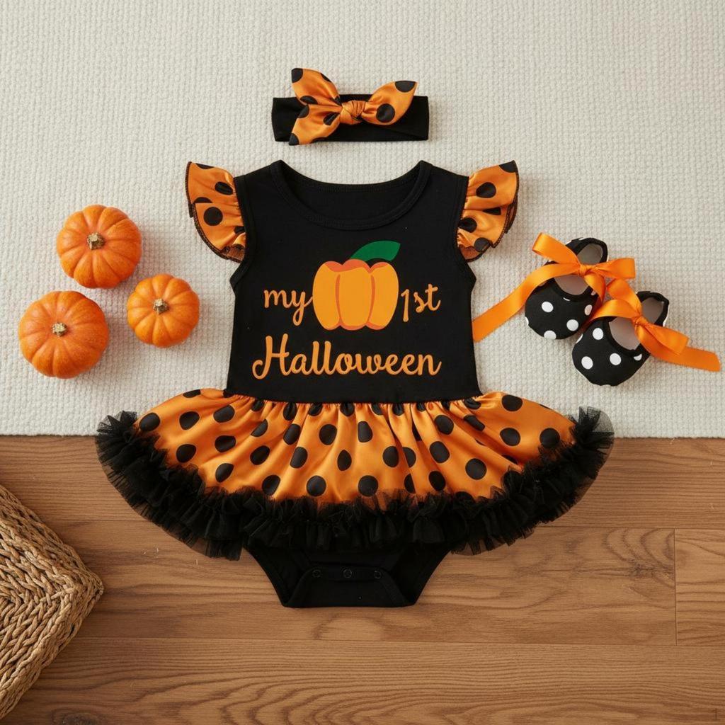 3 Pieces Fluttering Sleeve Tutu Romper Voluminous Tulle Skirt Infant Girl Halloween Costume