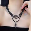 Gothic Multilayer Black Crystal Cross Pendant Choker Necklace for Women Punk Vintage Beaded Chain Neck Jewelry Accessories New