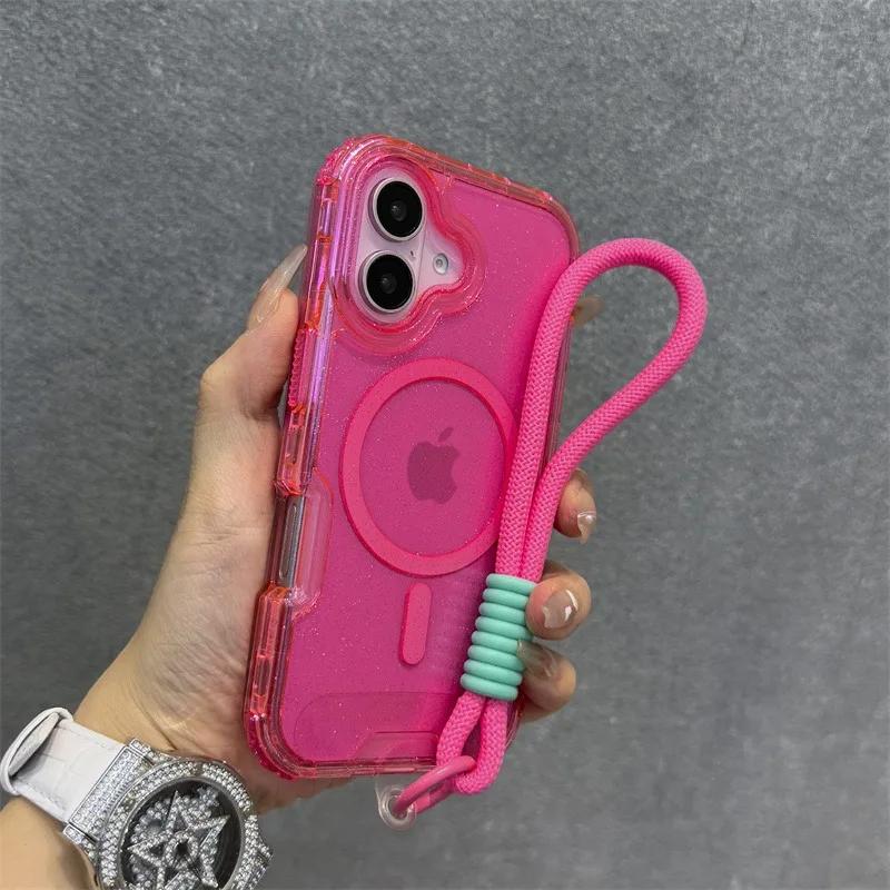 Třpytivé pouzdro s popruhem na zápěstí pro iPhone 16 1 14 Pro Max Plus 11 12 13 Magnetický řemínek Průhledný Bling kryt