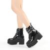 Leather Women Modern Boots Gothic Style Metal Bat Dark Black Platform Mid Calf Boots Chunky Heels Sexy High Heels
