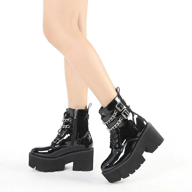Leather Women Modern Boots Gothic Style Metal Bat Dark Black Platform Mid Calf Boots Chunky Heels Sexy High Heels