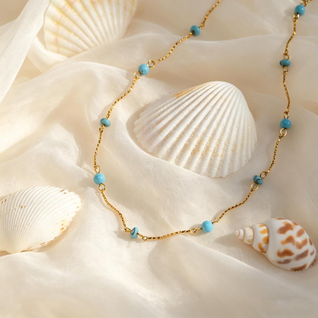 Boho Turquoise Beaded Necklace for Women, Blue Natural Stone Stainless Steel Wave Chain Choker Necklace, Fashion Jewelry Gift
