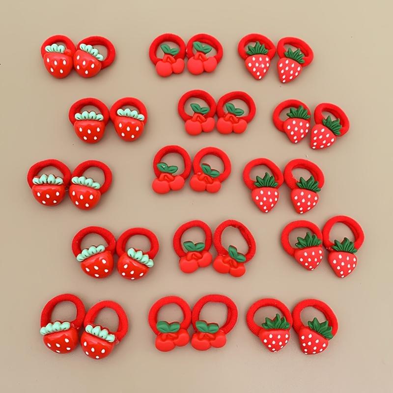 Set of 10 or 30 pieces: Sweet and Cute Strawberry and Cherry Fruit Hair Ties for Little Girls—Red and Festive