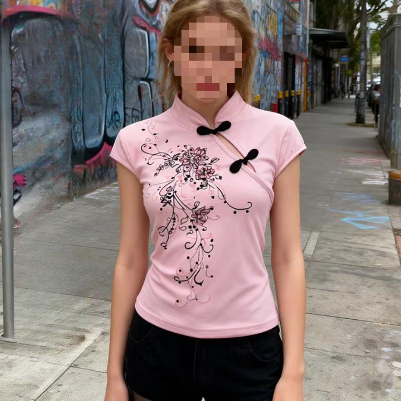 Summer Chinese style loose slimming slant buckle slim fit short sleeved T-shirt for women