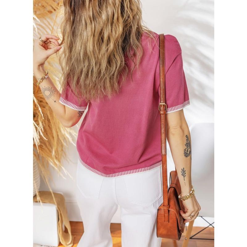 Color Contrast Ribbed Round Neck Short Sleeve Knit Pullover Sweater For Women